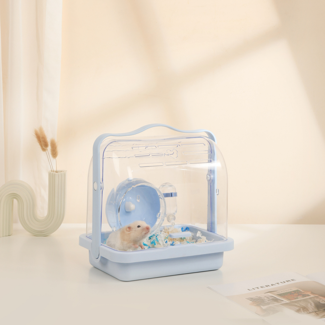 Hamster inside the Crystal Travel Cage during a safe and comfortable trip