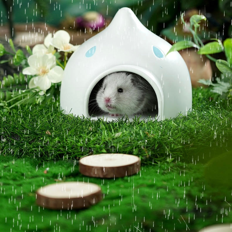 Hamster resting inside the Mini&Moe Hydro Hut Ceramic House for comfort