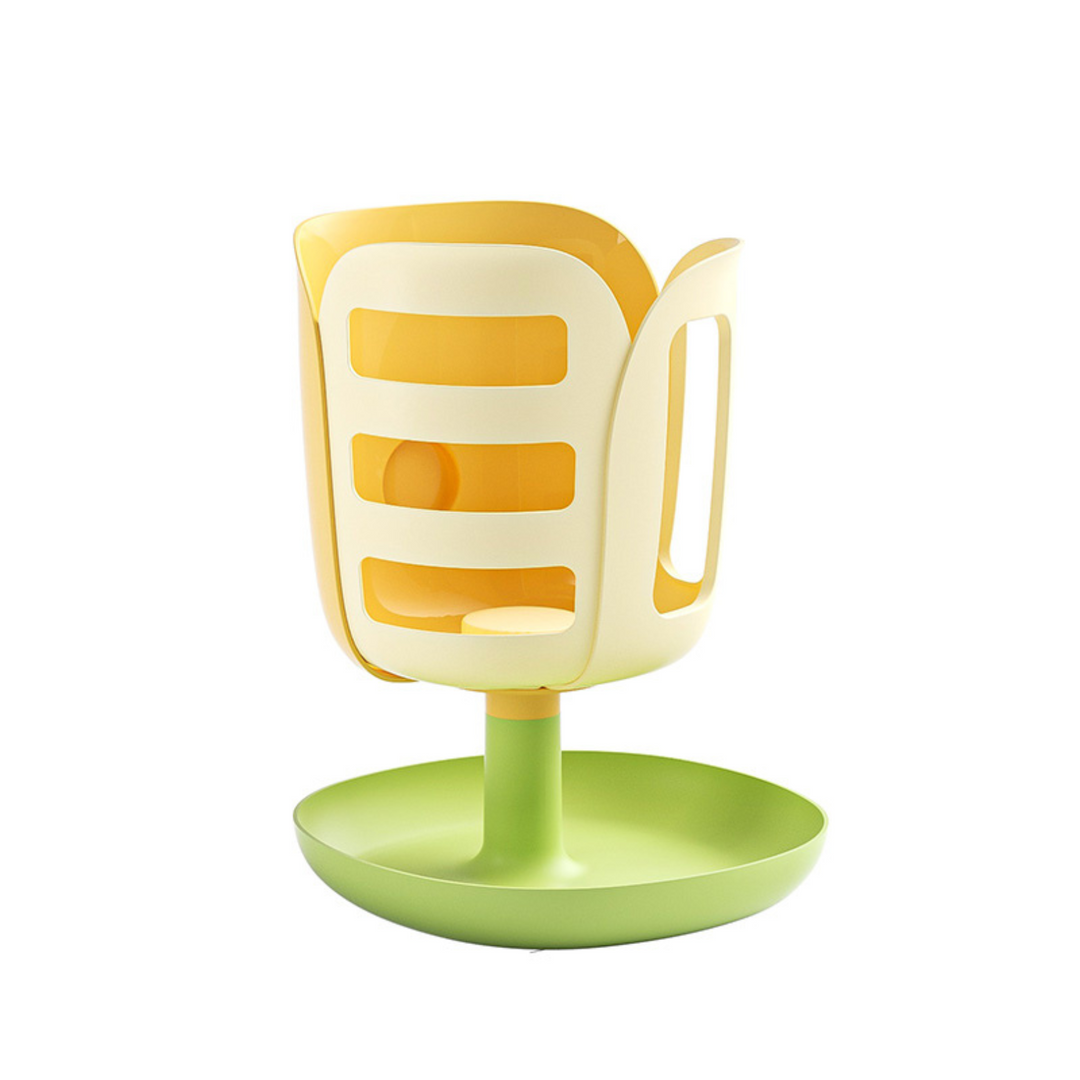 Mini and Moe Tulip Hay Feeder with an upper section for fresh hay and a lower compartment for nutritious grain, inspired by the tulip flower