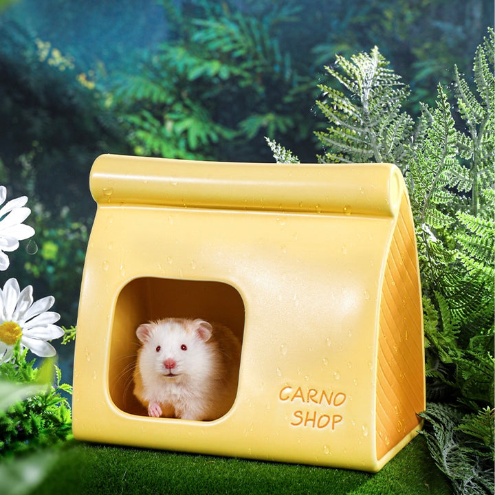 Brightly colored Cheese Shop hideout by Mini and Moe, adding a playful touch to any small pet habitat.